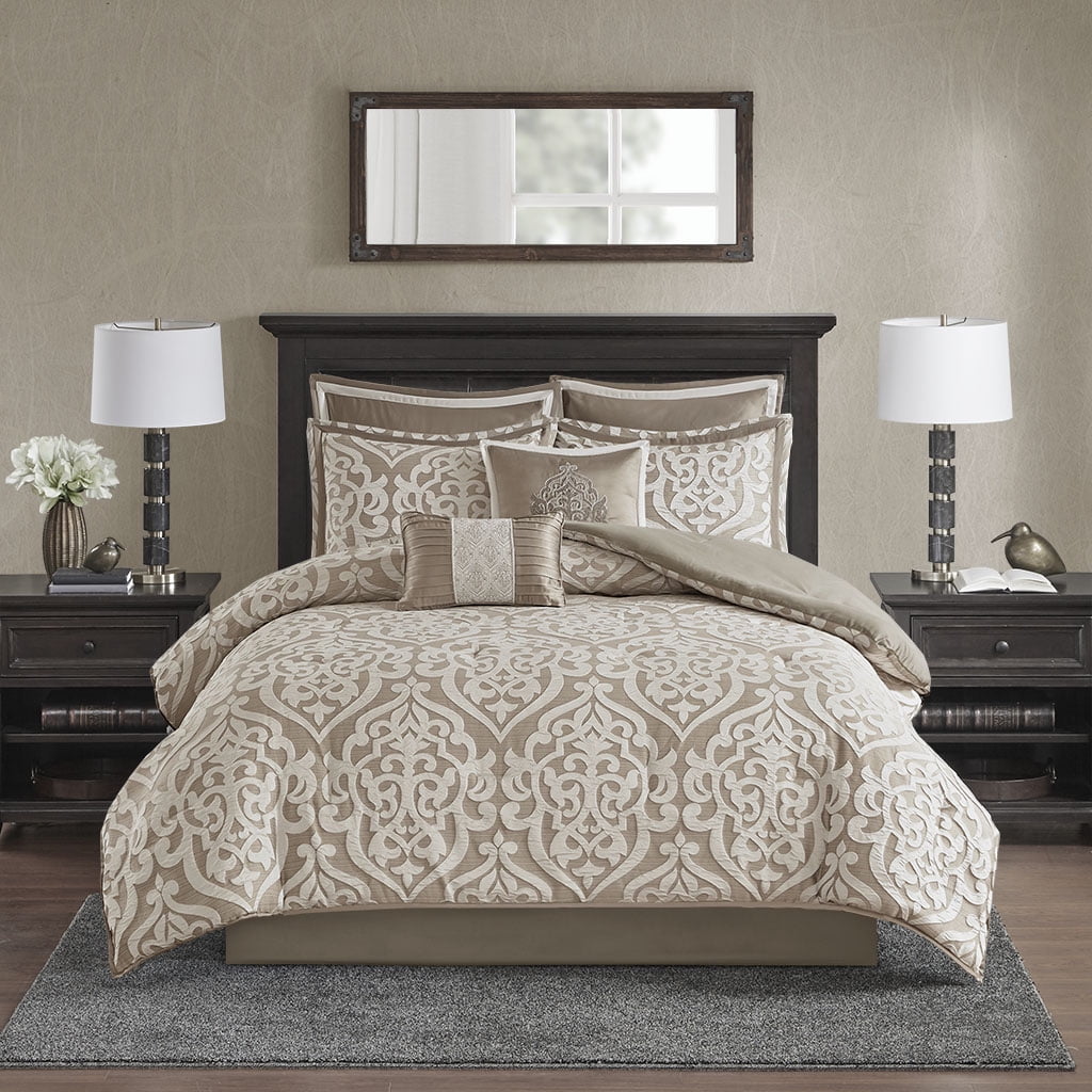 Madison Park Cal King Size 8-Piece Comforter Set, Jacquard Bed in a Bag Set, Bedding Set with Sheets and Decor Pillows, Tan/Ivory