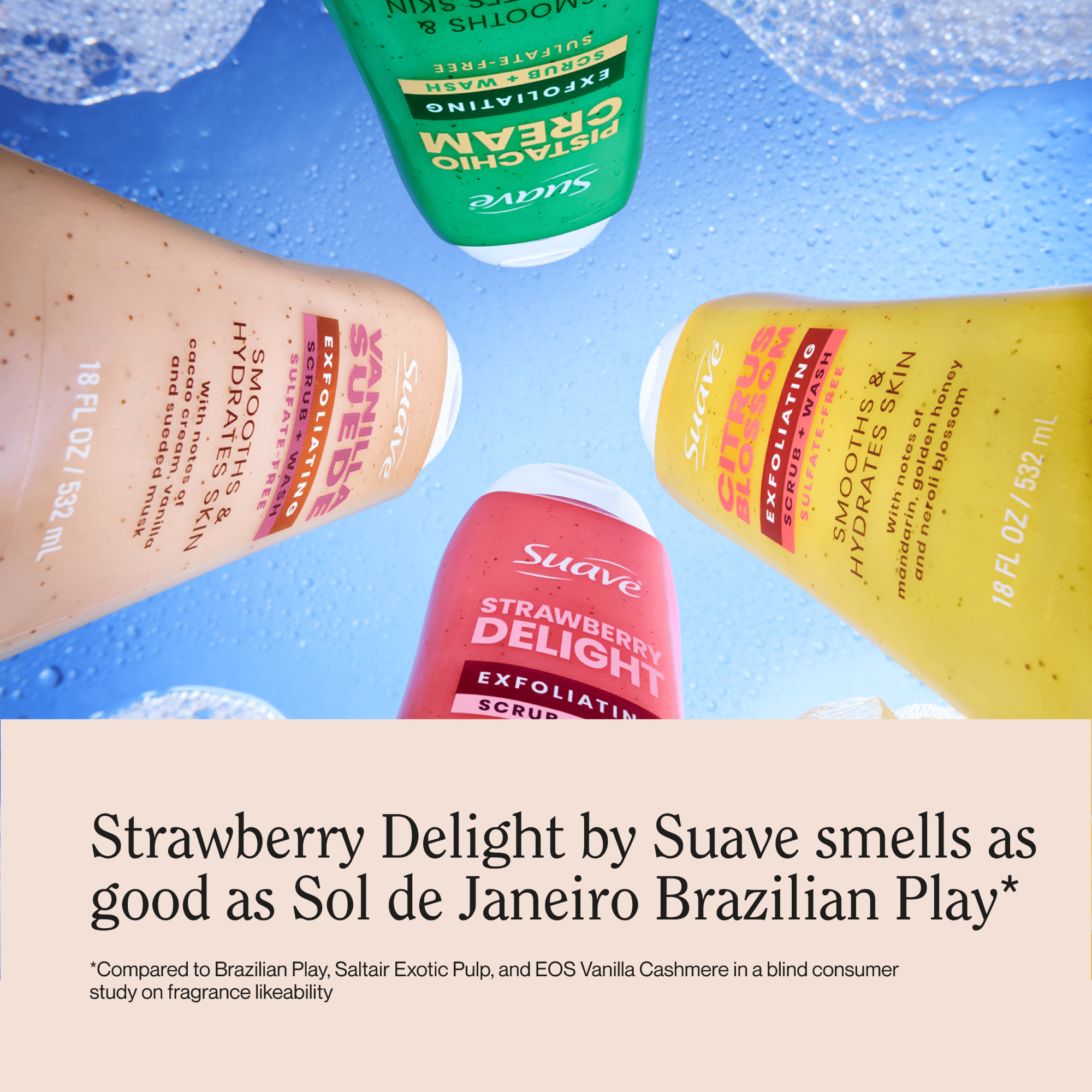 (6 pack) Suave Strawberry Delight Exfoliating Body Wash & Scrub with Glycerin & Vitamin E, Sulfate-Free Hydrating Cleanser for Soft, Smooth Skin, 18 fl oz