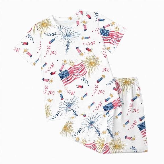 NOLDARES 4th of July Little Boy Outfit USA Patriotic Embroidery Short Sleeve Round Neck T-Shirt and Pull-on Shorts with Pockets 2Pcs Set(Red,11-12 Y)