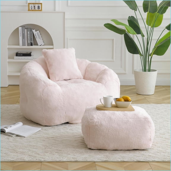 Oversized Faux Fur Bean Bag Chair with Footstool - Lazy Sofa for Adults & Kids | Faux Fur | Curved