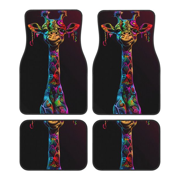 Fotbe Neon Psychedelic Giraffe Juego de 4 Tapetes para Auto con Estampado – Alfombrillas de Goma Reforzada, Diseño Antideslizante, Protección para Todo el Año – Vehículos, Autos, Camionetas y SUVs