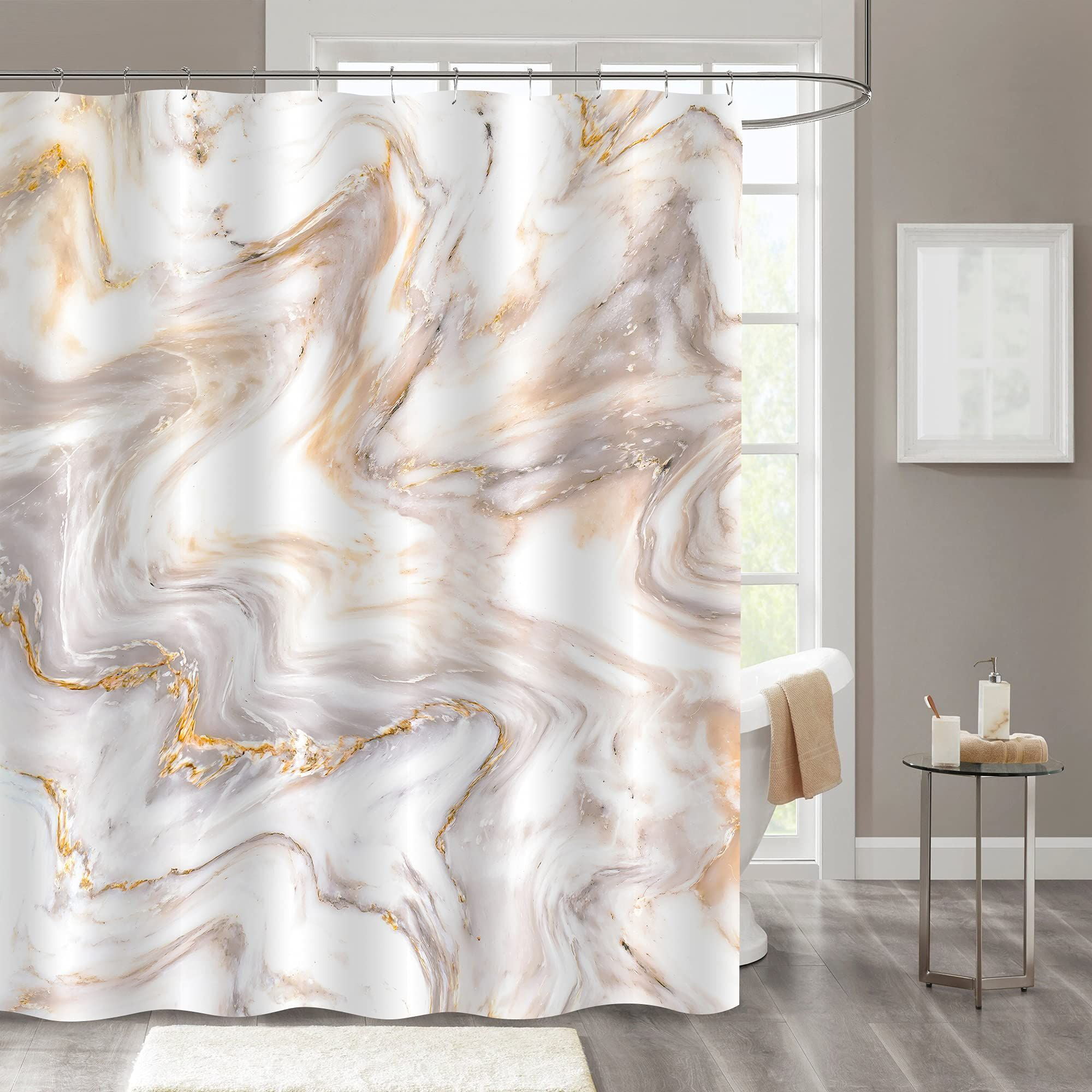 White and Grey Marble Shower Curtain Liner Bathroom Mat Polyester Fabric Hooks 
