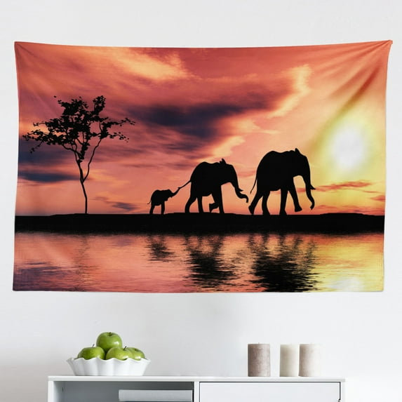 Elephant Tapestry, Elephant Cartoon Pattern Water Drops Doodle Cheerful Fun Jolly Childish Animal Fun Print, Fabric Wall Hanging Decor for Bedroom Living Room Dorm, 2 Sizes, Teal, by Ambesonne