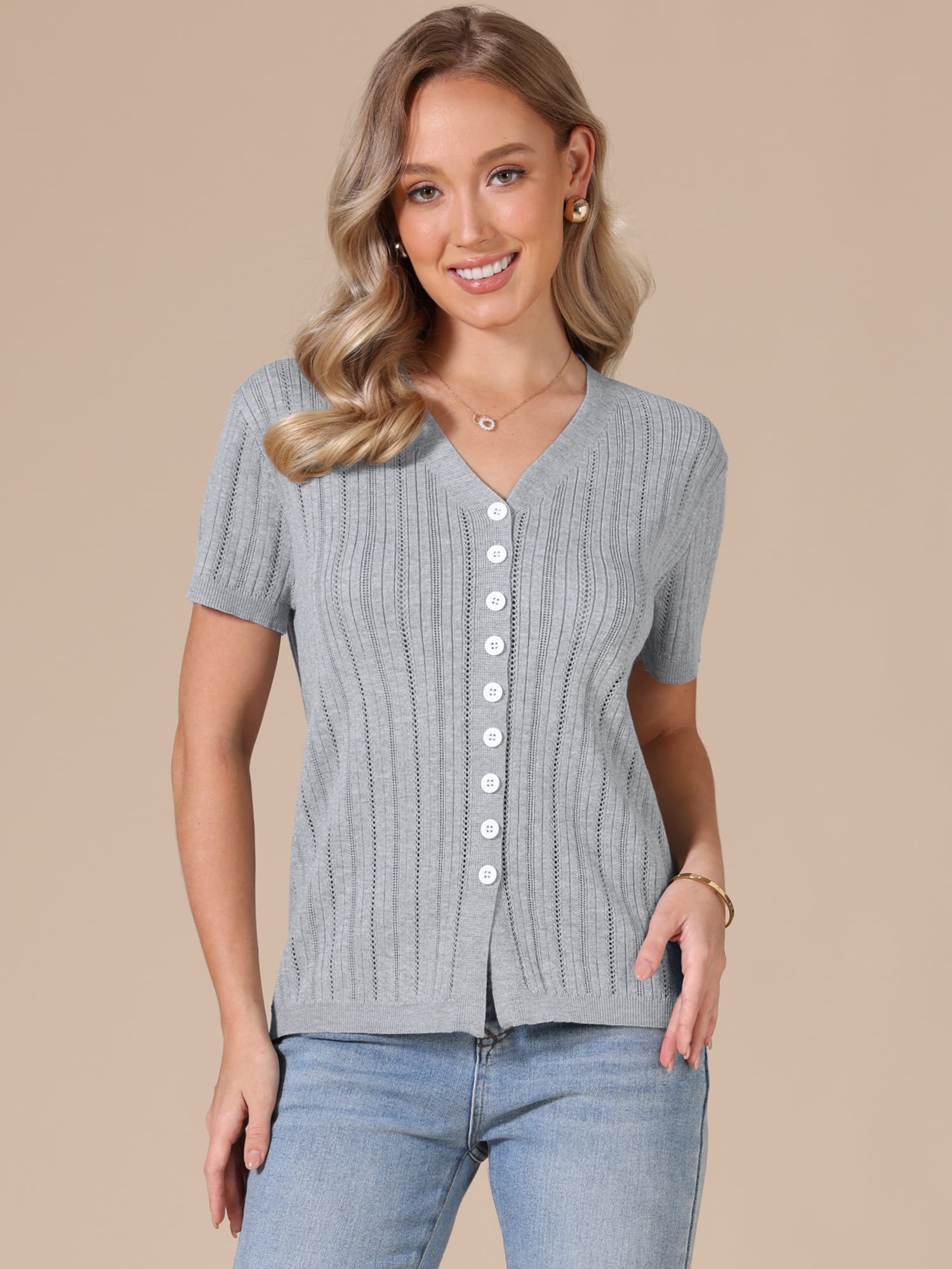 DARING DIVA Women's Eyelet Tops V Neck Short Sleeve Knit Button Down Shirts M Gray