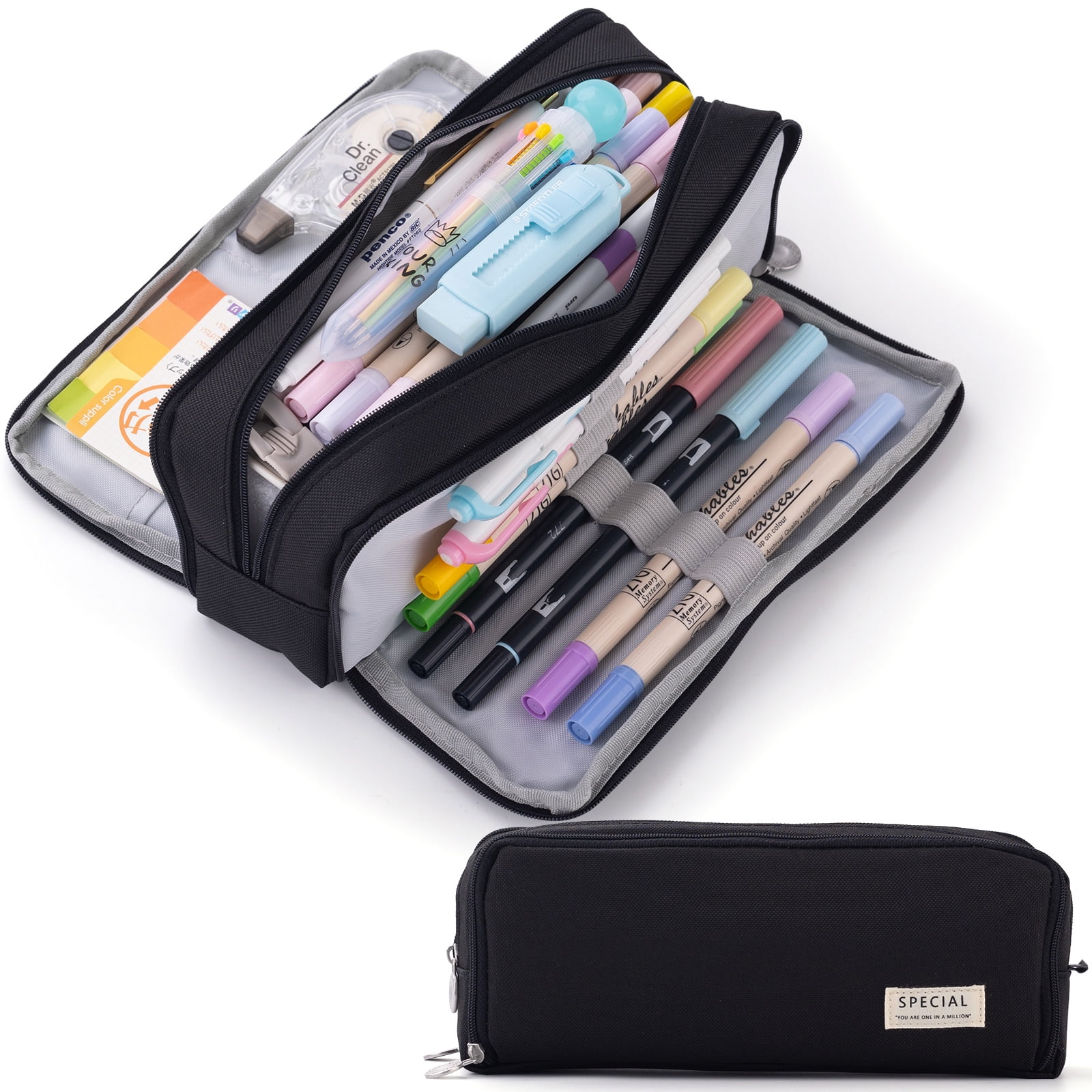 Cicimelon Large Capacity Pencil Case 3 Compartment Pen Pouch Bag for School Teens Girls Boys Men Women (Black)