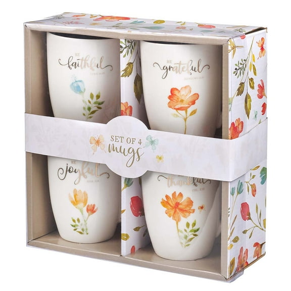 Christian Art Gifts Ceramic Coffee or Tea Mug Set for Women, Be Grateful, Faithful, Thankful, Joyful Bible Verse Mug Set, Boxed Set of 4 Coffee Cups