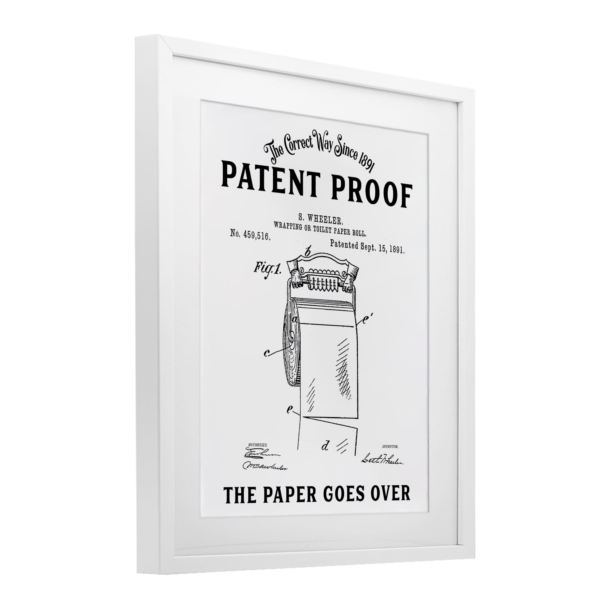 Toilet Paper Goes Over White Framed Print Under Glass, design by Lettered and Lined