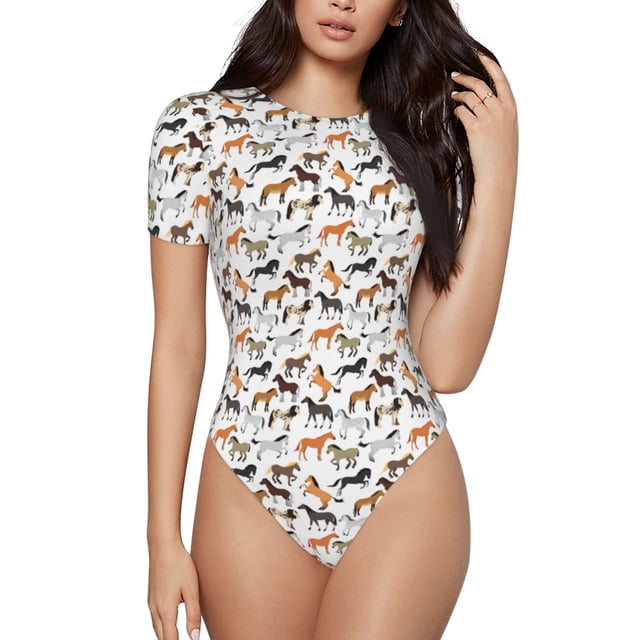 Bingfone Motif Cheval Justaucorps à Col Rond pour Femmes, Manches Courtes à Boutons-Pression, Adapté pour Fête, Sport, Usage Quotidien - Grand