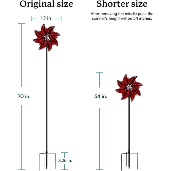 Wind Spinners Outdoor - Red Metal Windmill with Stake for Yard and Garden, Kinetic Wind Sculptures & Spinners, Gift Decor Ideas for Garden Lovers (12" W x 70" H)