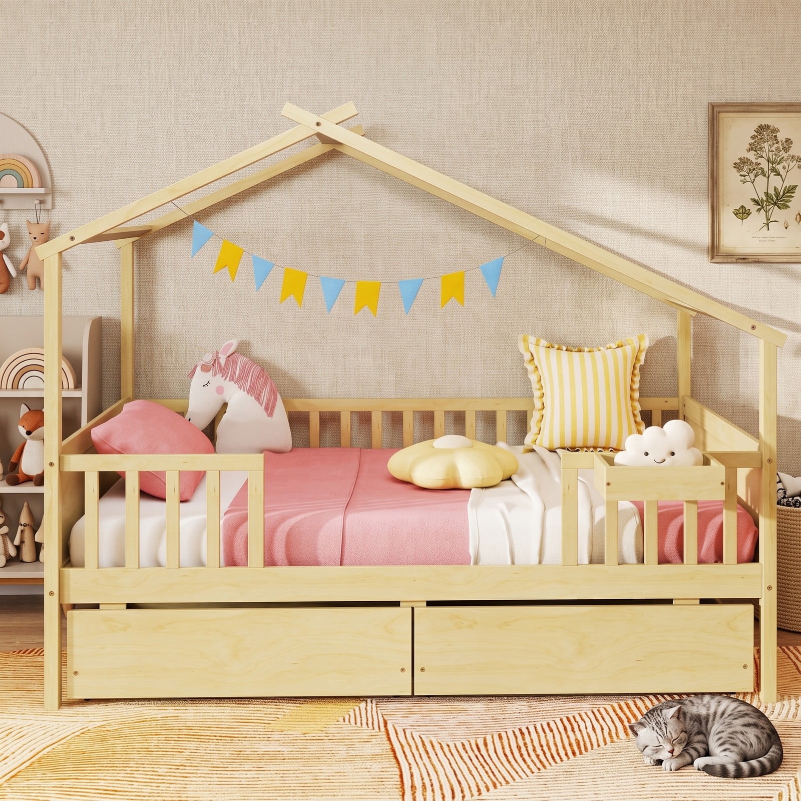 Furnibear Twin House Bed Frame with Storage Drawers, Montessori Floor Bed with Roof Frame and Fence Rails, Platform Bed Frame for Kids Room, Natural