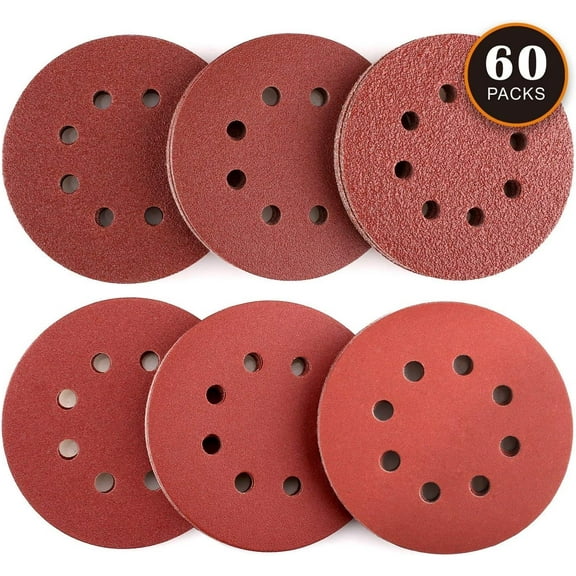60PCS 125mm Sanding Discs, Wear-Resistant Sanding Pads to Fit for Makita, Bosch, Dewalt, Ryobi, Vonhaus Random Orbit Sander, 10Pcs Each Assorted 40/60/80/120/180/240 Grits