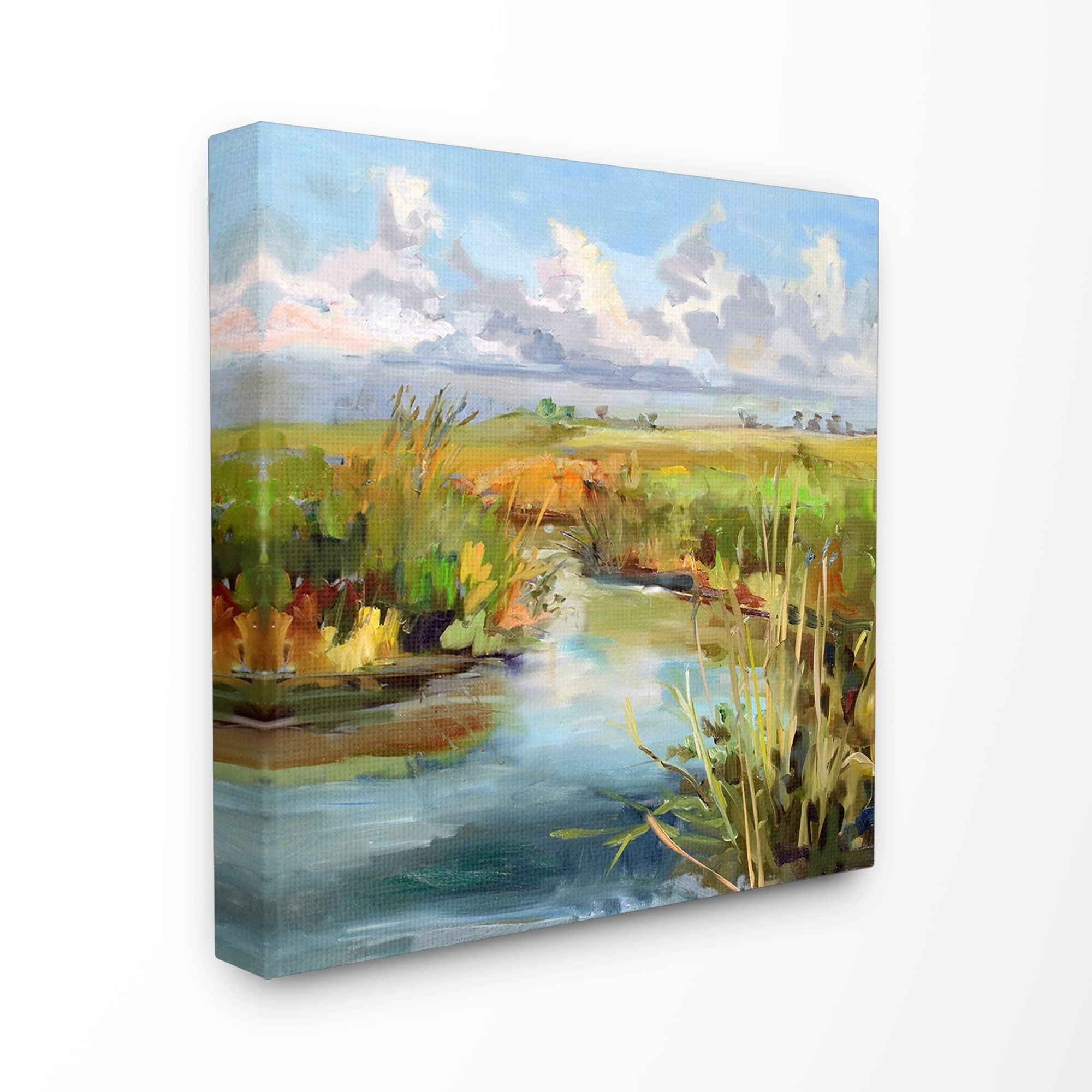The Stupell Home Decor Bright Painterly Mid Day River Scene with Clouds Canvas Wall Art Design By Carol Hallock