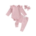 thumbnail image 1 of FOCUSNORM Baby Girl Fall Outfit Cotton Floral Long Sleeve Ribbed Romper Bow Pants Headband 3Pcs Infant Newborn Clothes Set, 1 of 9