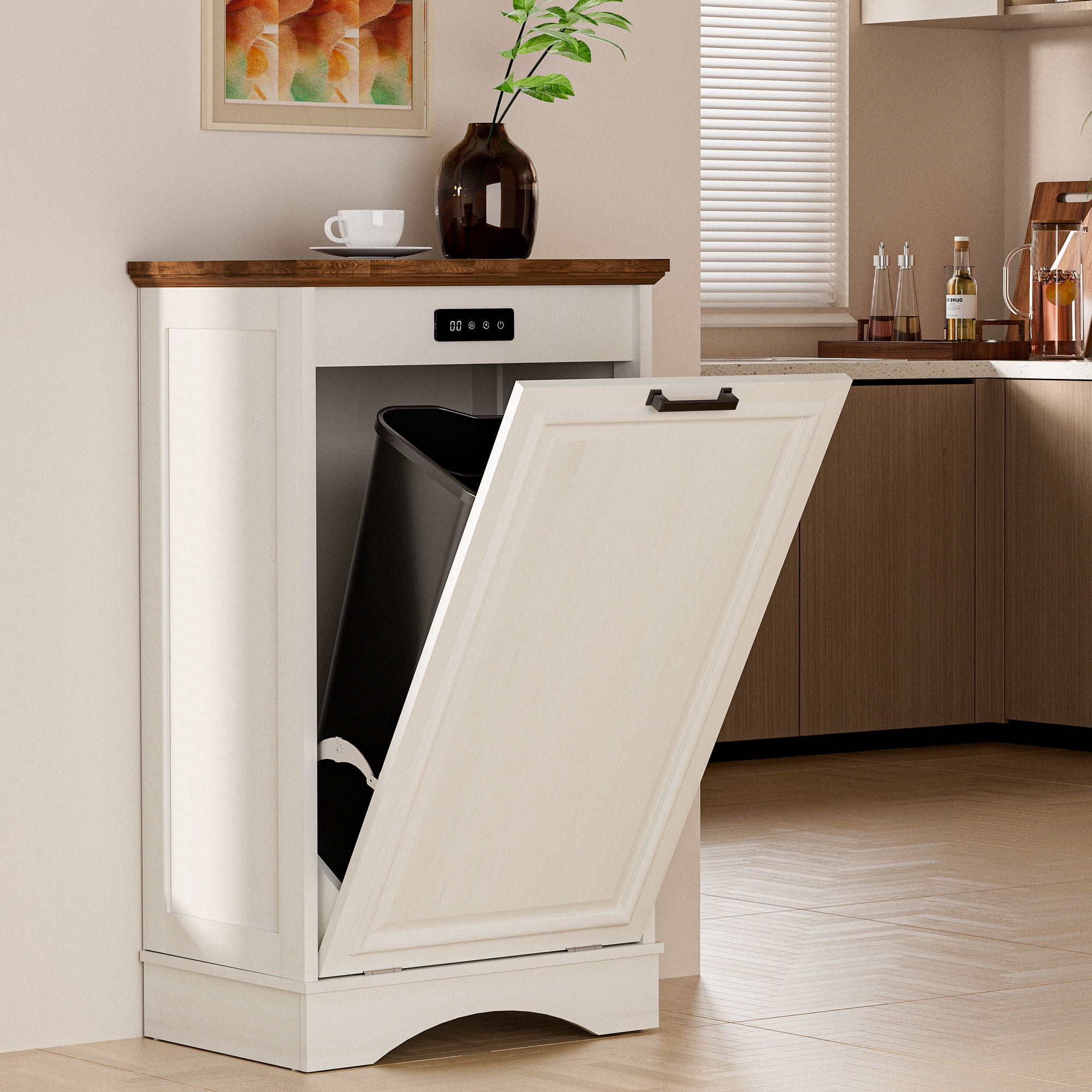 HARIPUL 13 Gallons Tilt Out Trash Cabinet with Deodorizing Function, Free Standing Kitchen Trash Cabinet Recycling Garbage Cabinet, White