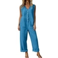 thumbnail image 2 of Cotton Linen Jumpsuits for Women Summer Cap Sleeve Button Up Shirt One Piece Wide Leg Casual Travel Rompers (XL, Blue), 2 of 8