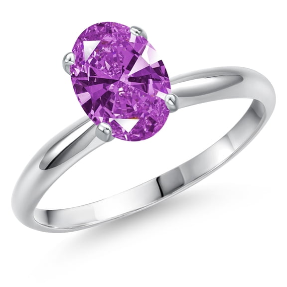 Gem Stone King 14K White Gold Fancy Purple Zirconia Solitaire Engagement Ring for Women | 1.21 Cttw | Oval 8X6MM | Gemstone Birthstone | Size 7