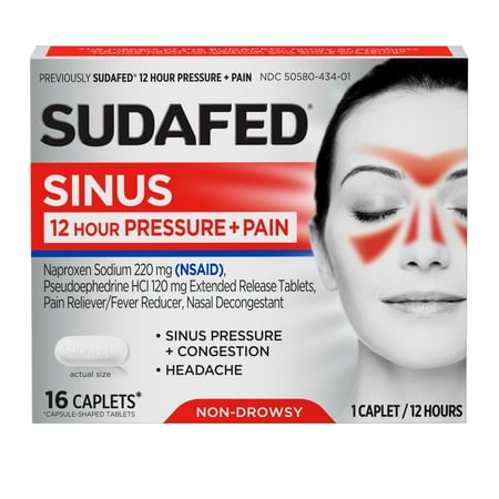 Sudafed 12 Hour Sinus Pressure + Pain Relief Sinus Decongestant, 16 ct