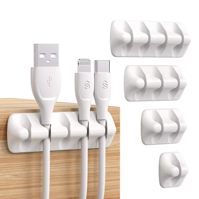 Clips organizadores de cables de escritorio blancos - Juego de 5 - Organizador de cables de silicona con adhesivo fijo para guardar cables de escritorio para cargador, mouse, auriculares y P