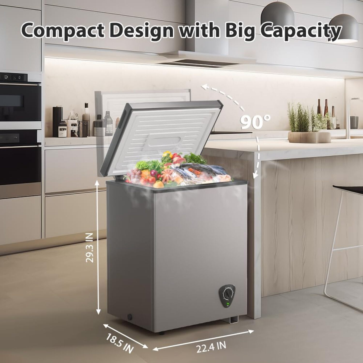 Ecotronic 4.2 Cu Ft Chest Freezer, Compact Deep Freezer, 7-Level Temperature Control, Energy Saving, Low Noise, Removable Basket, Grey