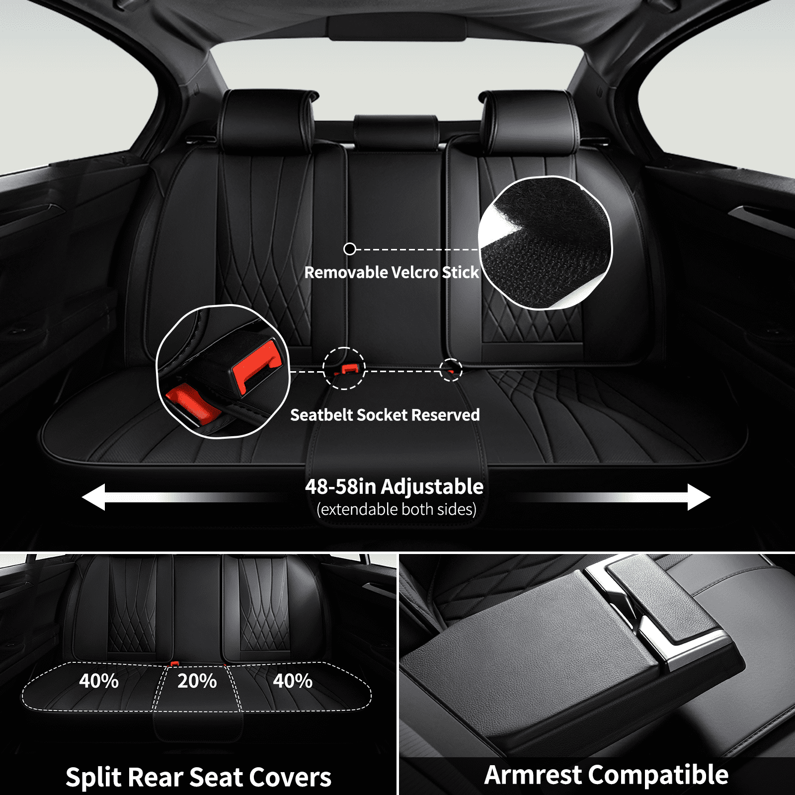 Coverado Car Seat Covers Full Set, Premium Leather Front and Rear Seat Protectors, Sleek Design Universal Fit for Most Cars, Black