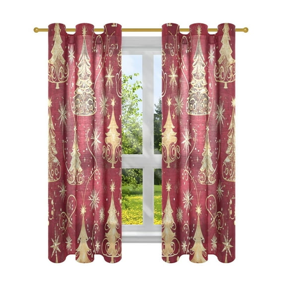 Window Curtain Panels Cotton Linen Decorative Curtains - Symmetrical Christmas Trees and Gold Line Window Shade Backdrops for Home Office Sunroom Country House