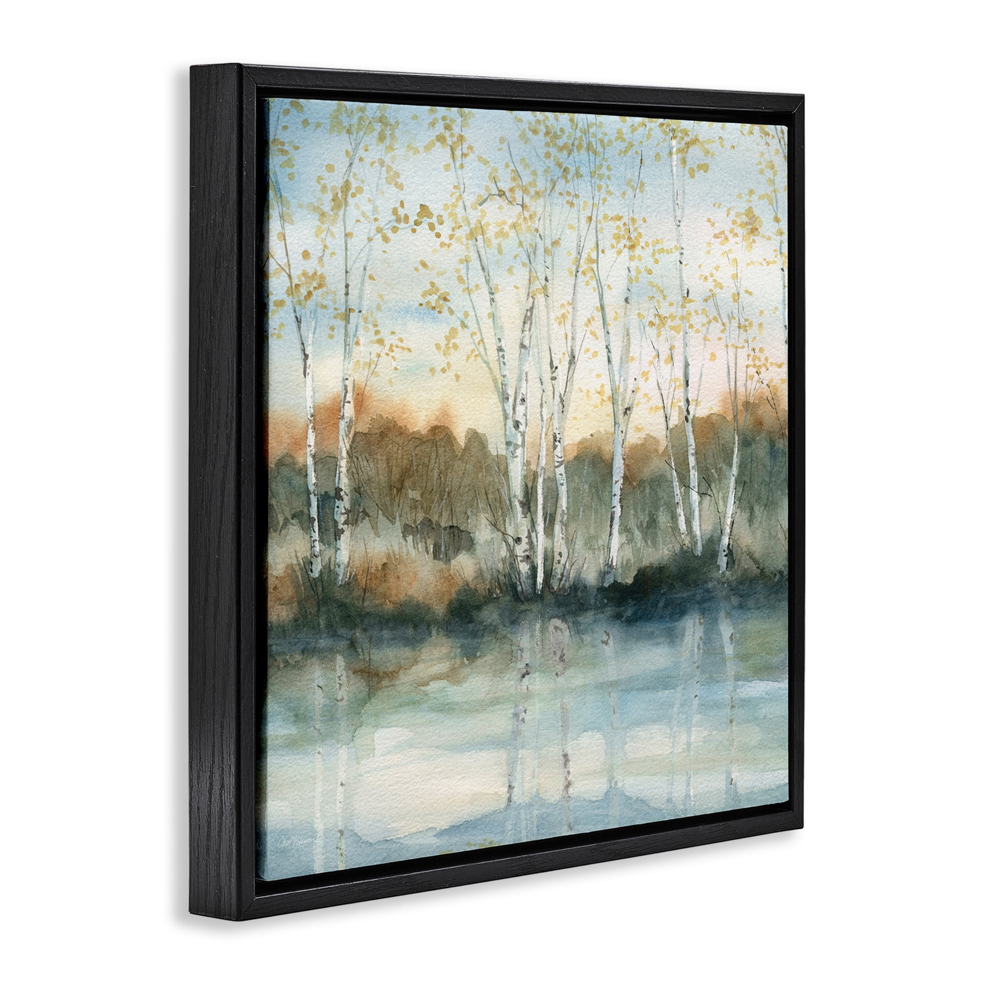 Stupell Industries Quaint Birch Tree Reflections Landscape Painting Black Floater Framed Canvas Art Print Wall Art, 18 x 18