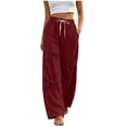 thumbnail image 2 of Women's Sweatpants Long Pants Baeitkot Women's Fashion Solid Color Loose Elastic Waist Drawstring Ankle-Tied Multi-Pocket Strap Sweatpants Long Pants Wine M, 2 of 9