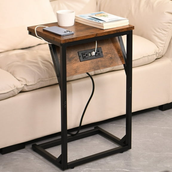 C Shaped End Table With Charging Station And Usb Ports