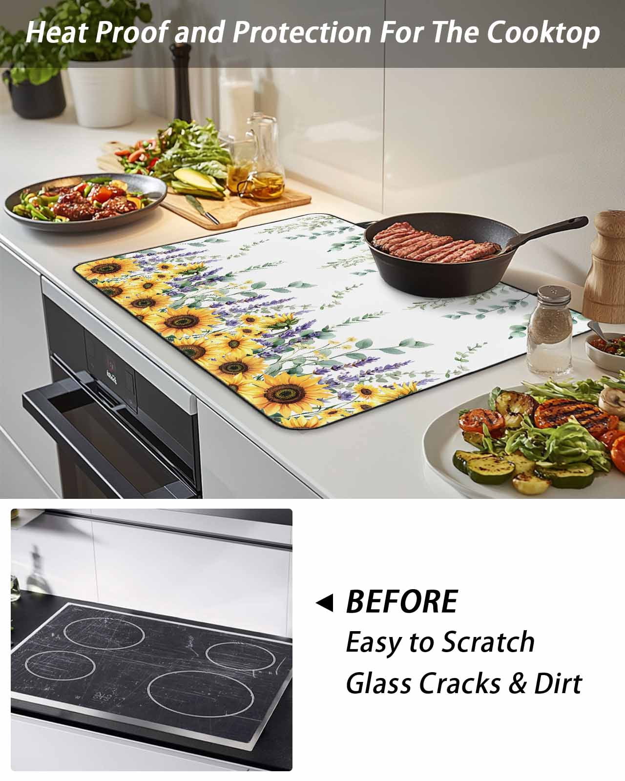 Stove Top Covers for Electric Stove, Eucalyptus Leaves Glass Stovetop Cover Protector, Yellow Sunflower Lavender Farmhouse Induction Cooktop Protector Oven Mat for Kitchen Countertop 24"x21"