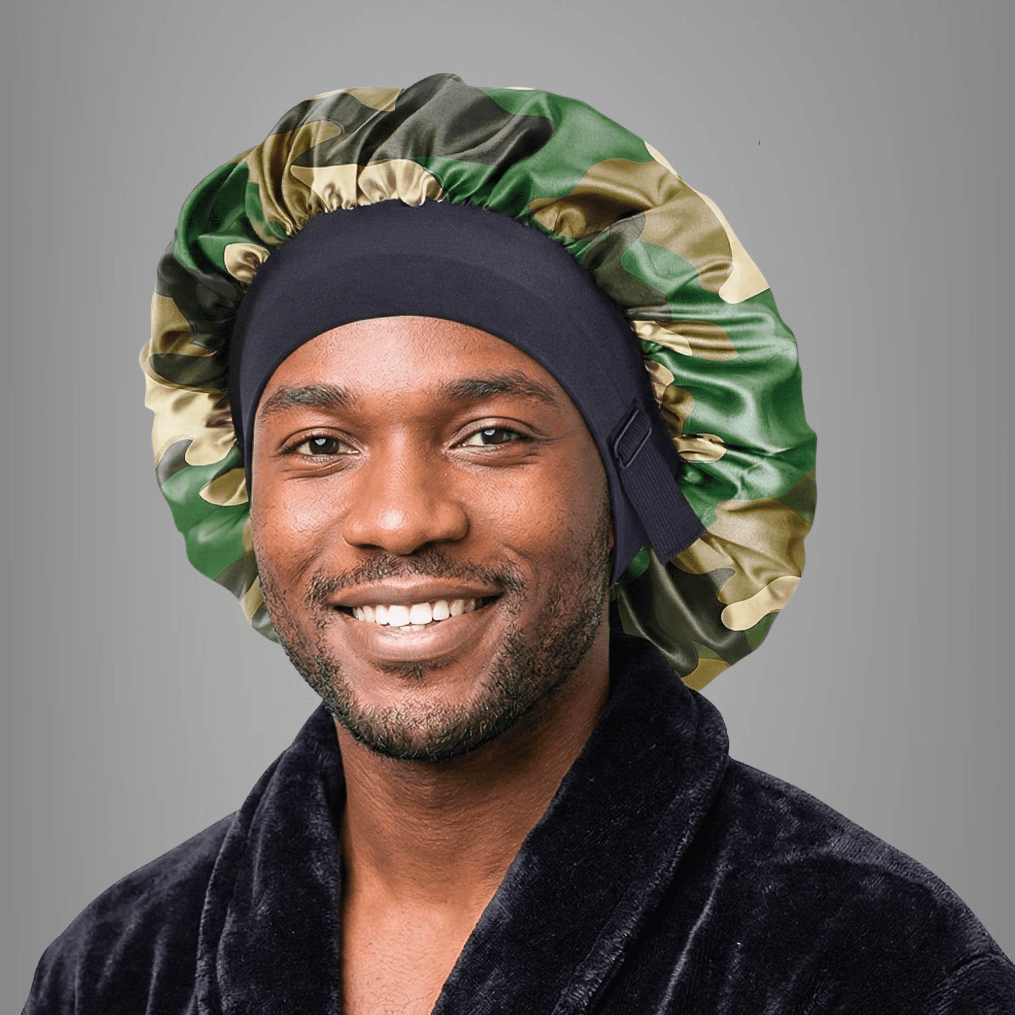 Men’s Satin Bonnet with Adjustable Tie, Silk Infused Sleep Cap for Waves, Braids, Locs, Camouflage