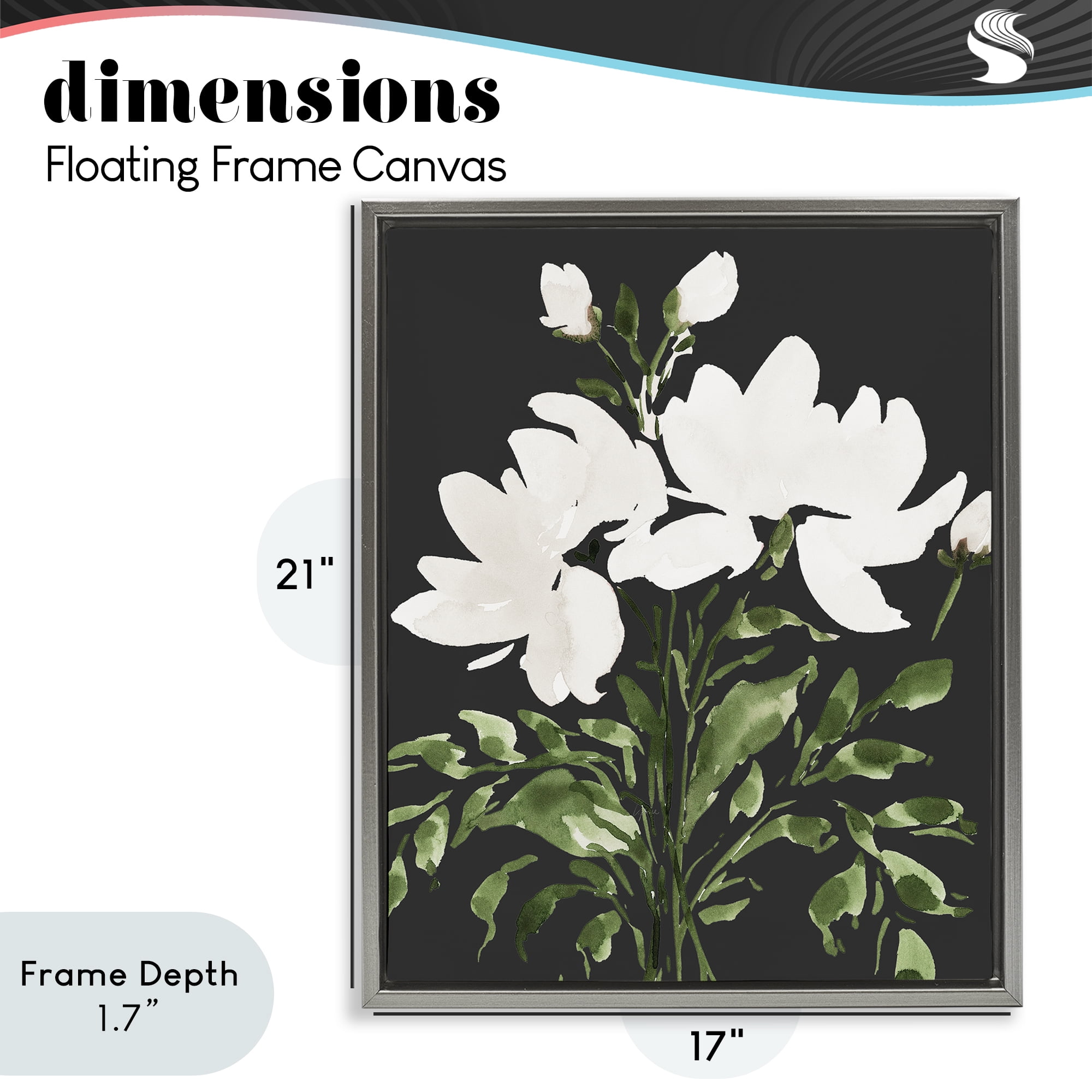 Stupell Industries White On Black Floral Gray Framed Floater Canvas Wall Art, design by Lucille Price