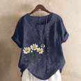 thumbnail image 2 of Women's Cotton Linen Tees Crew Neck Short Sleeve Tunic Tops Floral Casual Loose Fit Shirts Button Down T -shirts (Navy,2XL), 2 of 5