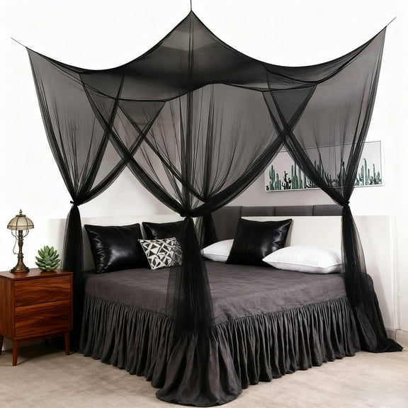 Mosquito Netting, Bed Canopy Mosquito Net for Bed, Canopy Bed Curtains for Twin Full Size, 4 Corner Post Bedroom Canopy for Kids Adults, Square Bed Drapes Home Decor, Black