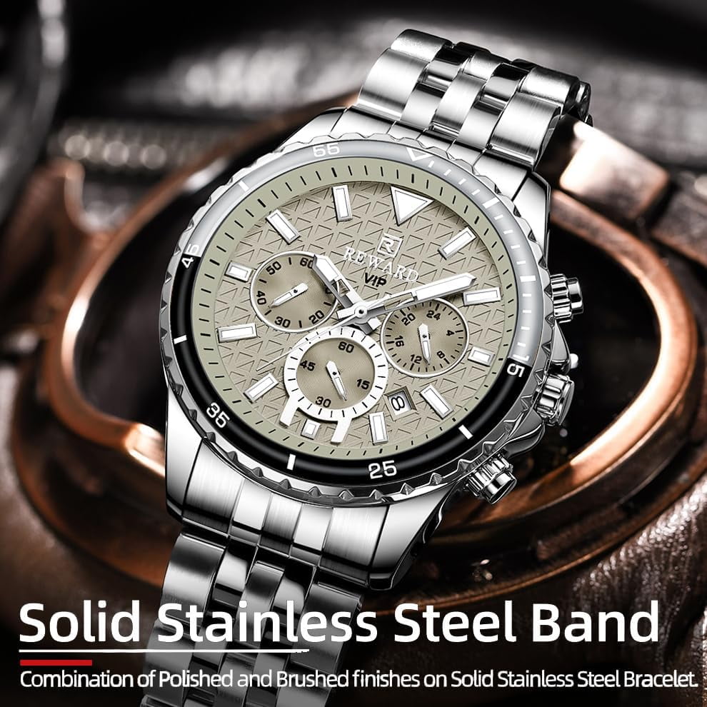Mens Watches Analog Quartz Chronograph Stainless Steel Watches for Men 30M Waterproof Men's Wrist Watches with Calendar Luxury Business Work Casual Watch Elegant Gifts