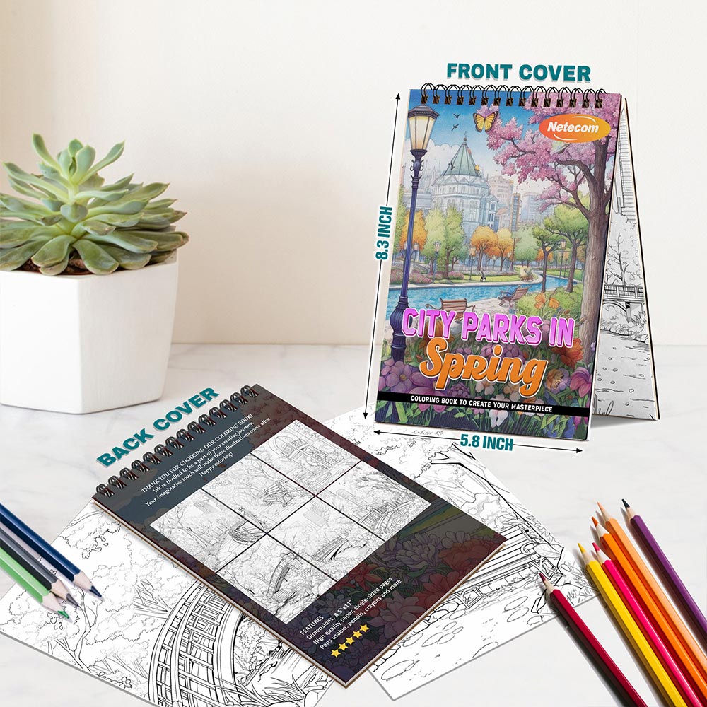 City Parks in Spring Coloring Book Spiral Bound For Adults, A5 Wooden Cover, 30 Beautiful Coloring Pages of Blossoming Flowers for Relaxation and Stress Relief
