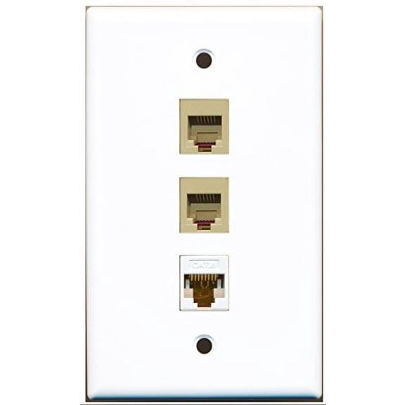 RiteAV - 2 Port Phone RJ11 RJ12 Beige and 1 Port Cat6 Ethernet White Wall Plate