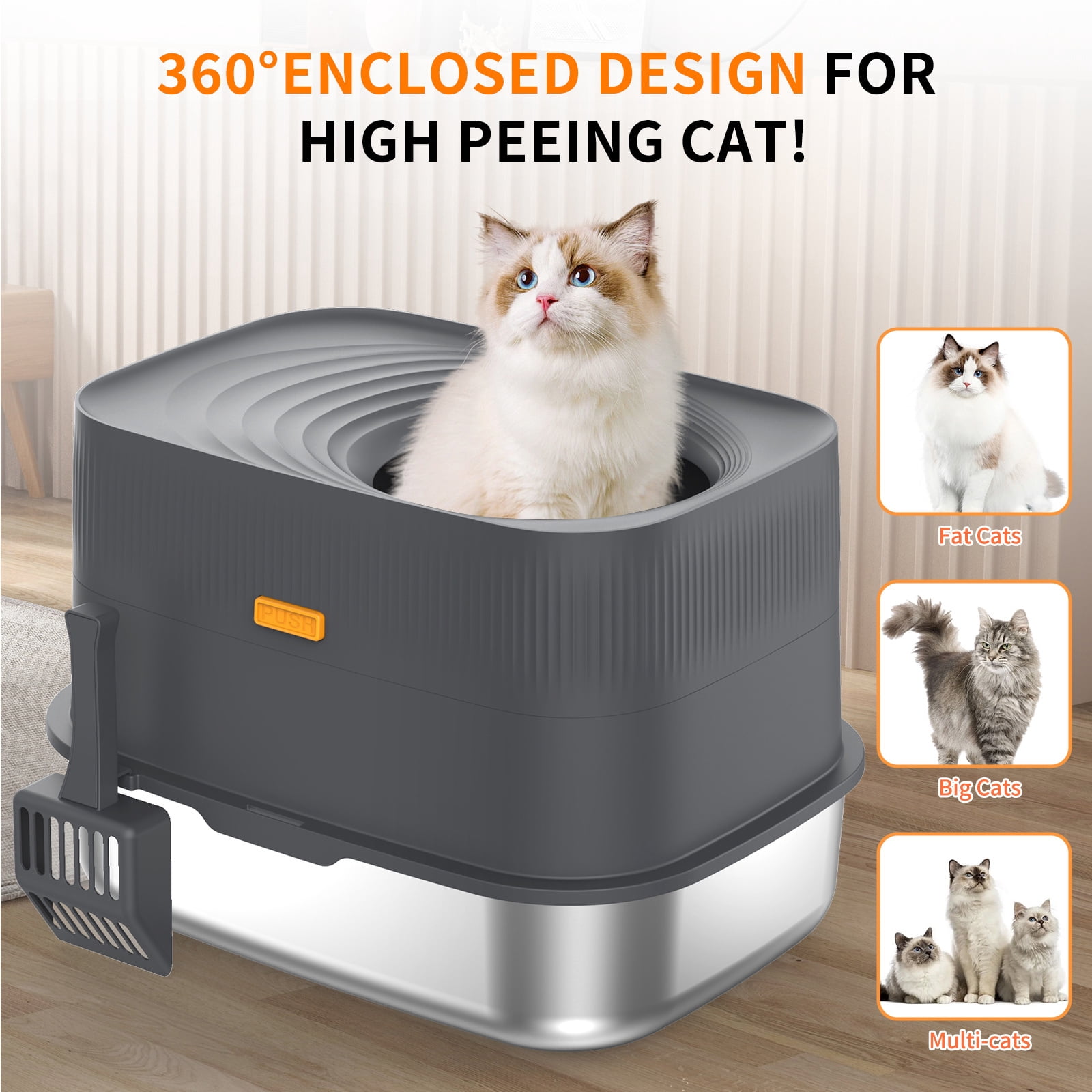 Btidfty Top-entry Stainless Steel Cat Litter Box W/lid&scoop Enclosed Bedpan (Dark Gray)