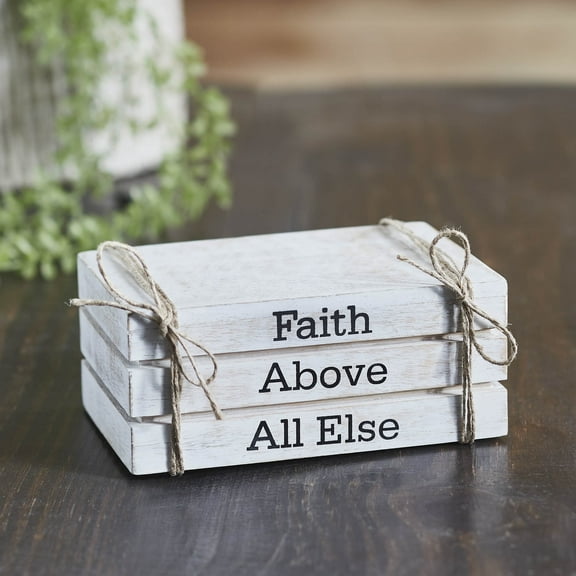 VHC Brands Risen Collection 4” Faith Above All Else Whitewash Faux Book Stack Figurine
