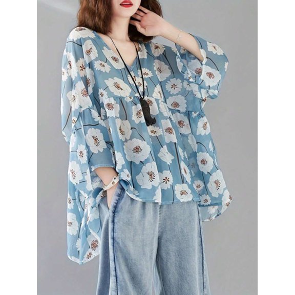 Women's V-neck chiffon blouse, casual loose-fitting top