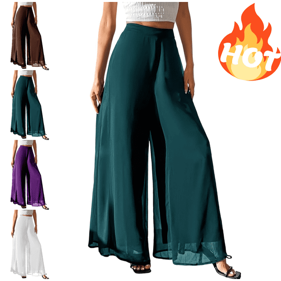 Mifsaly Chiffon Pants for Women Dressy High Waisted Wide Leg Flowy Pant Lightweight Breathable Loose Casual Long Pants for Summer Beach Vacation and Loungewear M