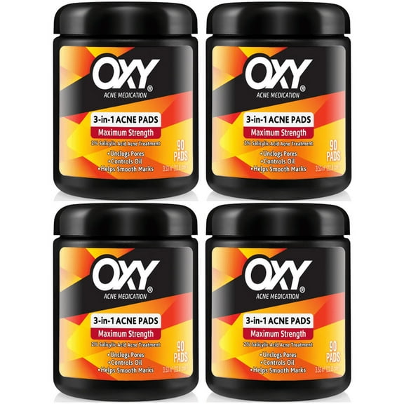 4 Pack Oxy Maximum Action 3-In-1 Acne Treatment Pads, 90 Count Each