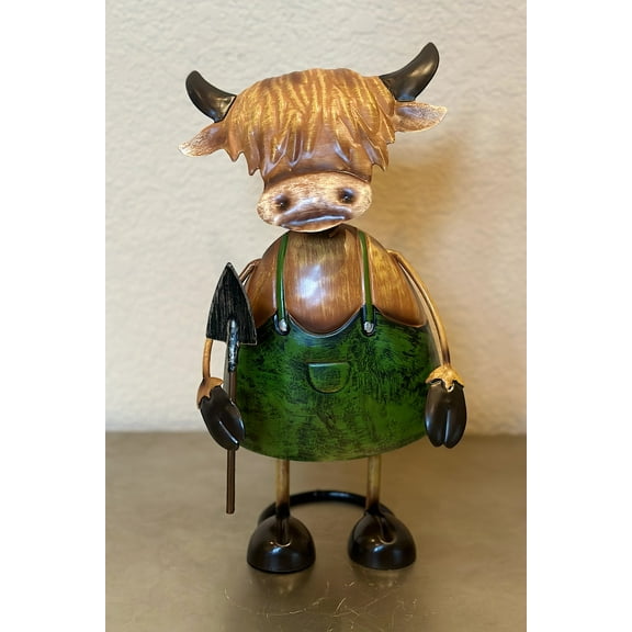 Metal Cow Figurine W Shovel Indoor Outdoor Lawn Greenhouse Home Patio Decoration Tall 11" H
