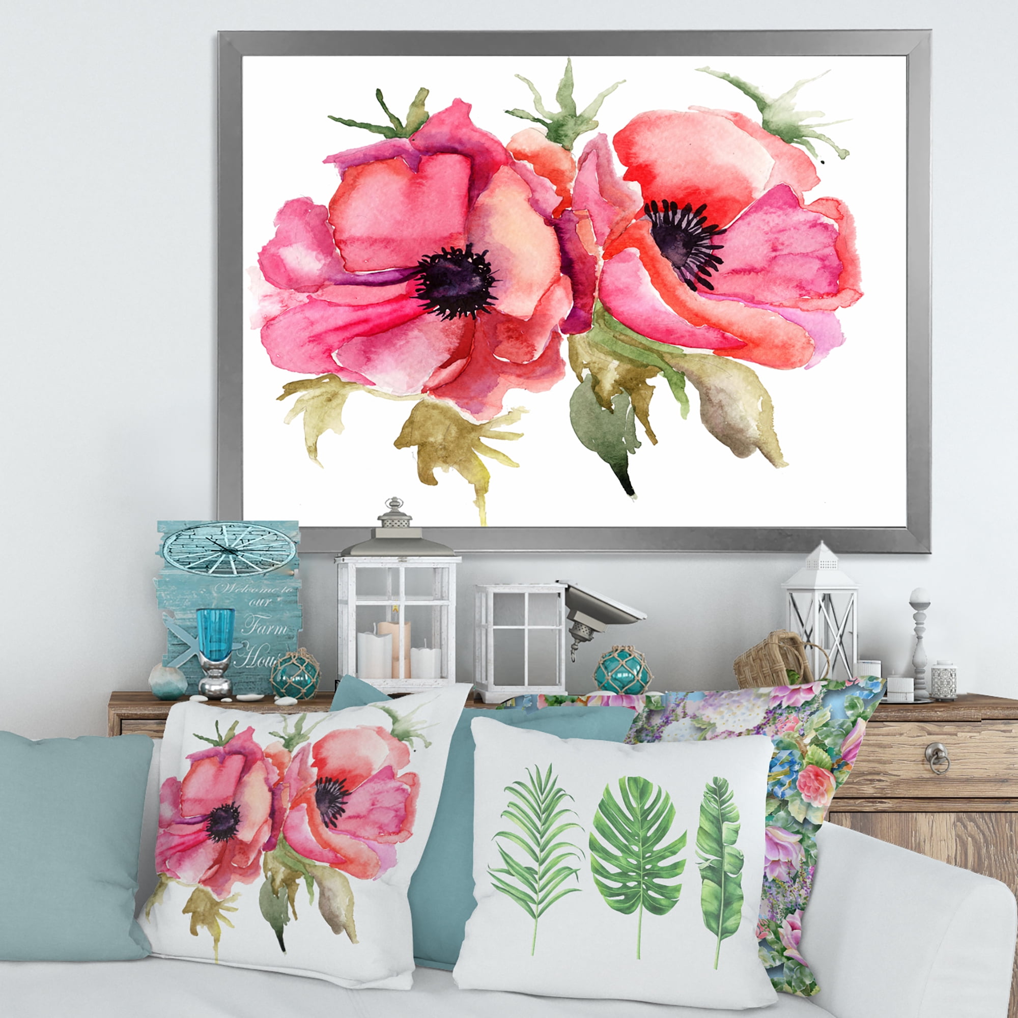 Designart 'Stylized Pink Poppy Flowers' Traditional Framed Art Print