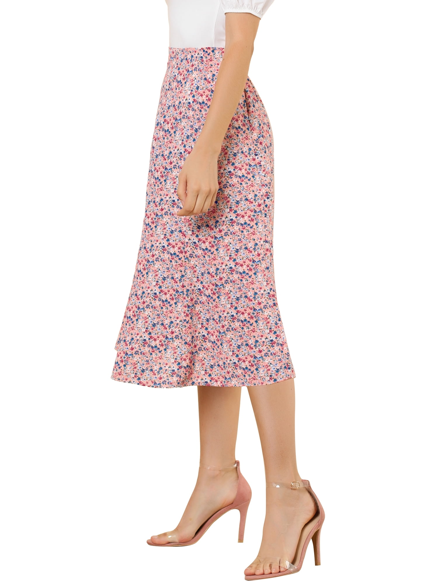 DARING DIVA Women's Elastic Waist A-Line Floral Print Midi Skirt S Pink