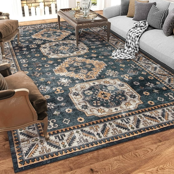 Tzou Persian Area Rug 5x7 Vintage Door Mat, Non Slip Floor Cover fo Living Room Nursery Room, Inky Blue