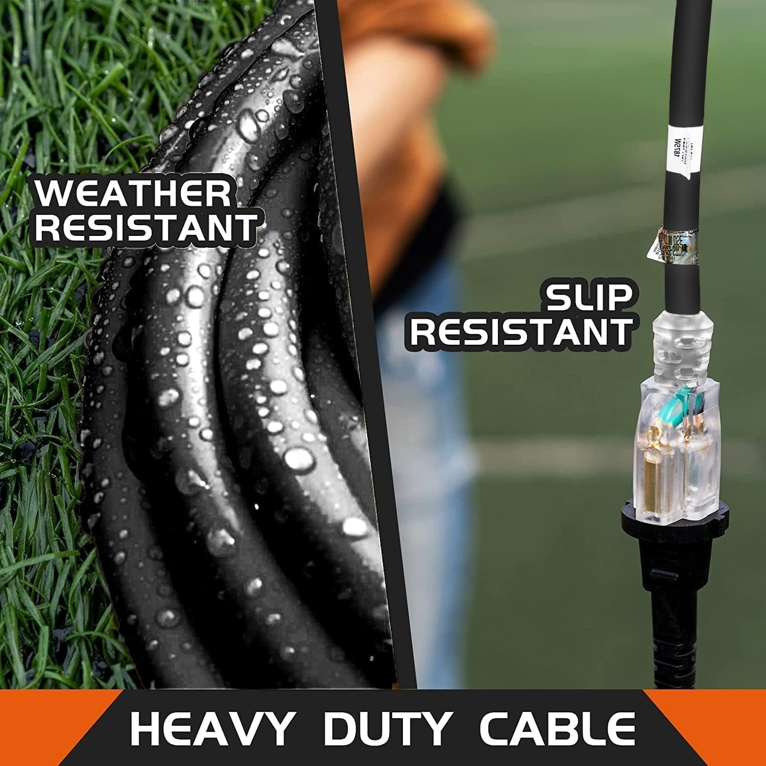 3-Outlets Indoor Outdoor Extension Cord Weatherproof with Lighted End, UL Certified, 12 Gauge 6FT Black 3 Prong Heavy Duty, 12/3 SJTW 15A Power Cord