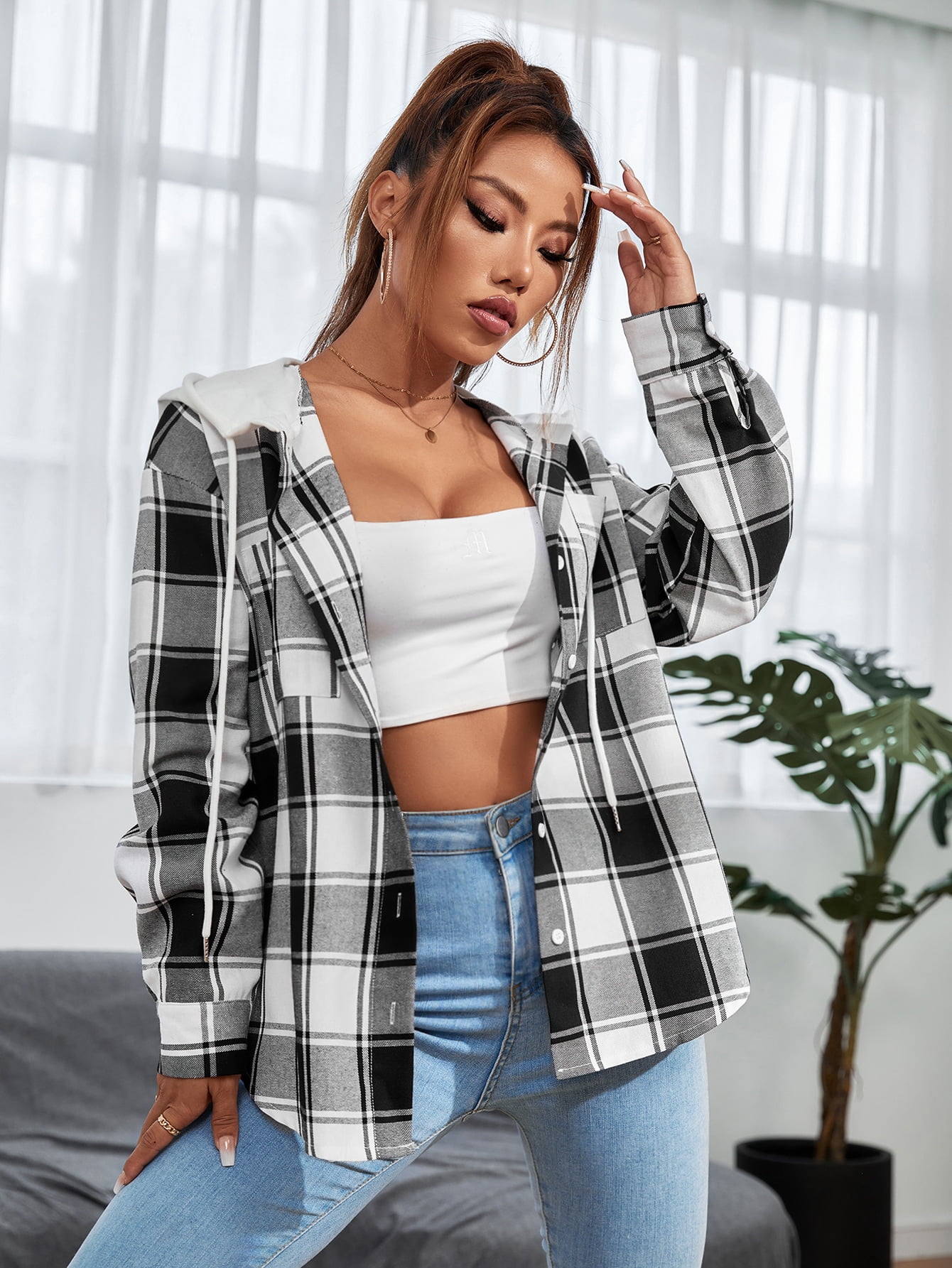 Casual Plaid Drop Shoulder Patched 