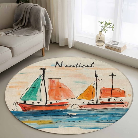 Nautical Boat, Round Area Rug 4 FT, Non Slip Indoor Outdoor Rug, Coastal Sailing Ship Ocean Painted Sea Washable Soft Circular Carpet Non-Shedding Floor Mat for Coffee Table Nursery Foyer Balcony