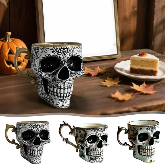 Hglyxoae Skull Coffee Mug Gothic Porcelain Tea Cup Ornates Gold-Trimmed-Skull Coffee Mug Funny Ceramic Tea Cup-Diabolical Bonehead Cup (C)