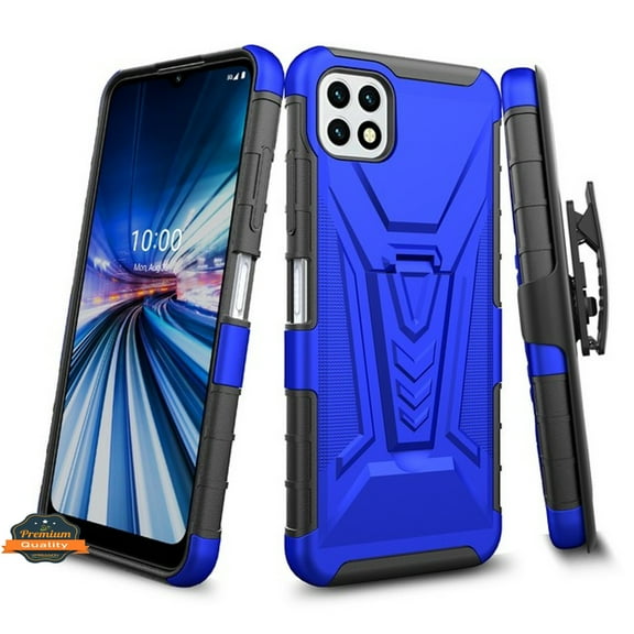 For Samsung Galaxy A22 5G Hybrid Armor Kickstand with Swivel Belt Clip Holster Heavy Duty 3 in 1 Defender Shockproof Rugged Phone Case Cover by Xpression [Blue]